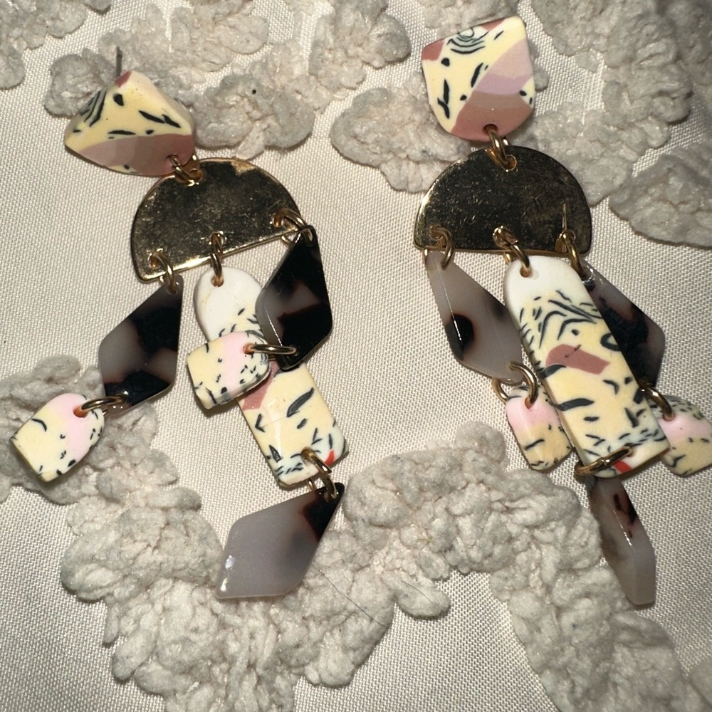 Abstract Gold and Cream Dangle Earrings